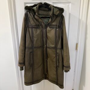 Danier Leather Khaki Green Long Leather Hooded Jacket Coat Extra Large